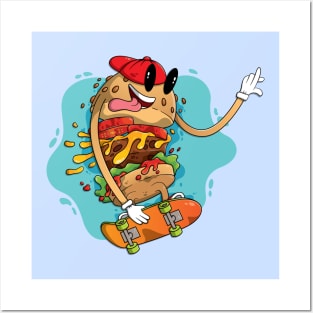 Cool hamburger riding a skateboard Posters and Art